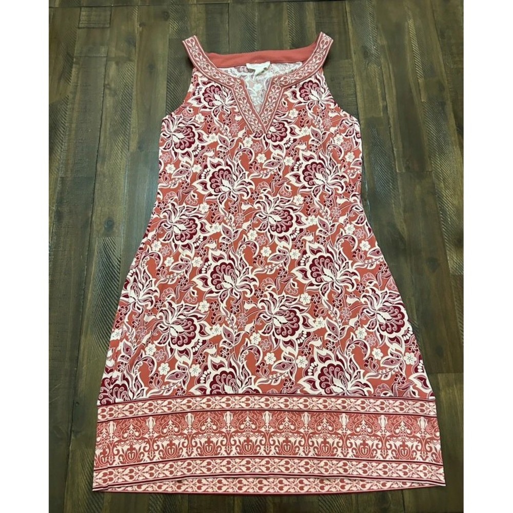 Magnolia Grace Sleeveless Floral Paisley Shift Dress Small Petite Coral Red